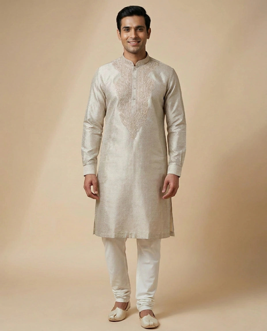 Kurta Pajama Set in Tissue And Hand Embroidered - Rangoli India