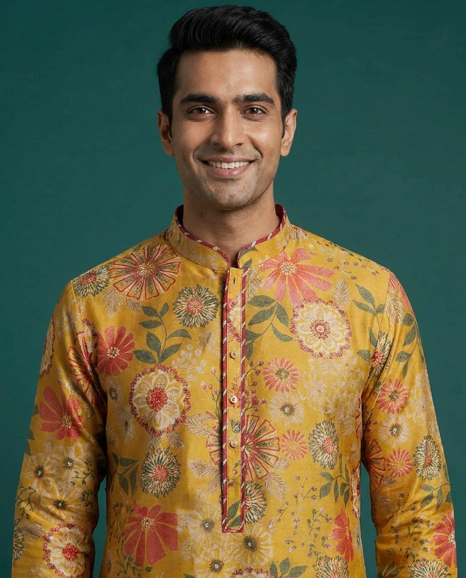 Men's Yellow Tussar Silk Kurta Pajama Set