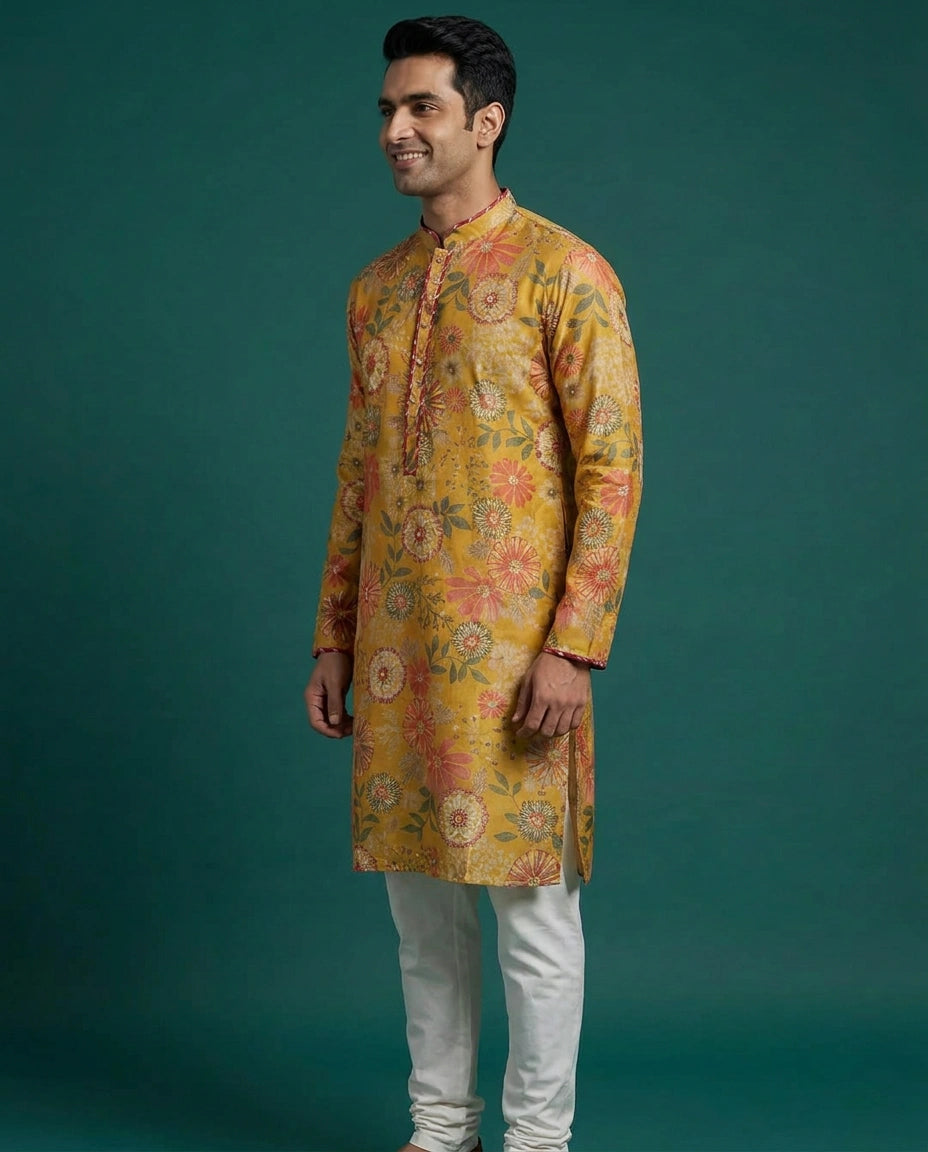 Men's Yellow Tussar Silk Kurta Pajama Set — photo 3 of 4