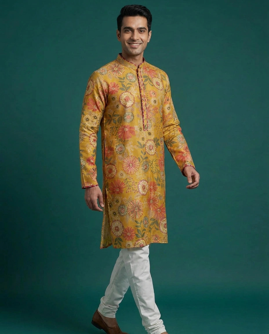 Men's Yellow Tussar Silk Kurta Pajama Set — photo 4 of 4