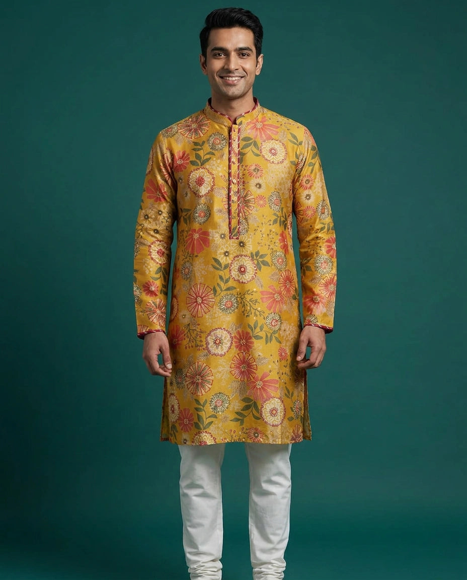 Men's Yellow Tussar Silk Kurta Pajama Set — photo 2 of 4