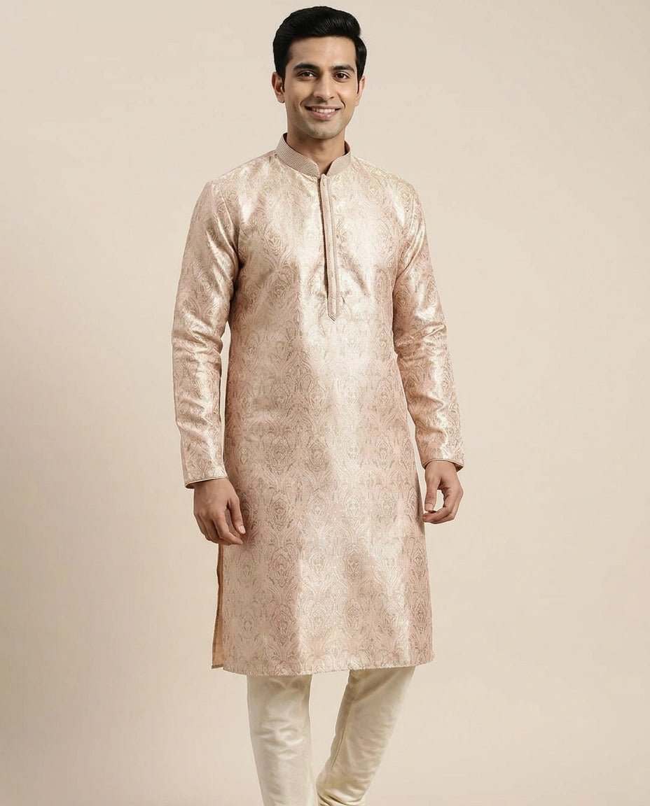 Pink Silk Katan Kurta Pajama Set - Rangoli India