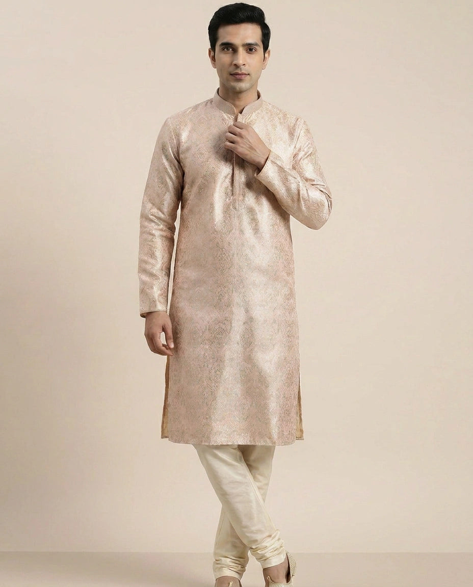 Pink Silk Katan Kurta Pajama Set - Rangoli India