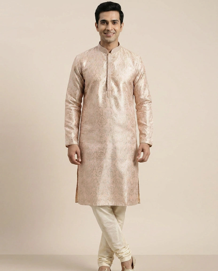 Pink Silk Katan Kurta Pajama Set - Rangoli India