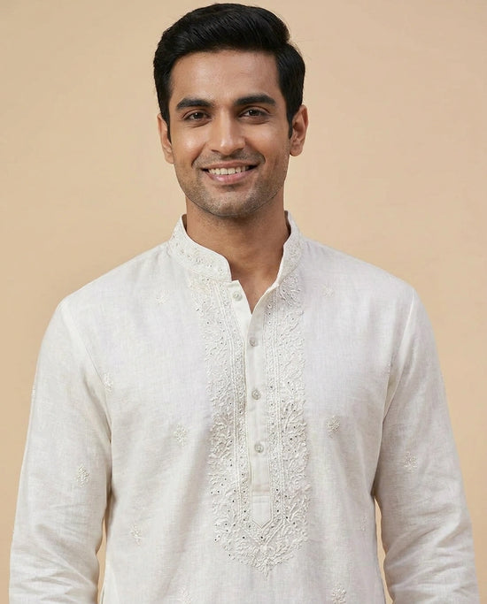 White Cotton Linen Kurta Pajama Set