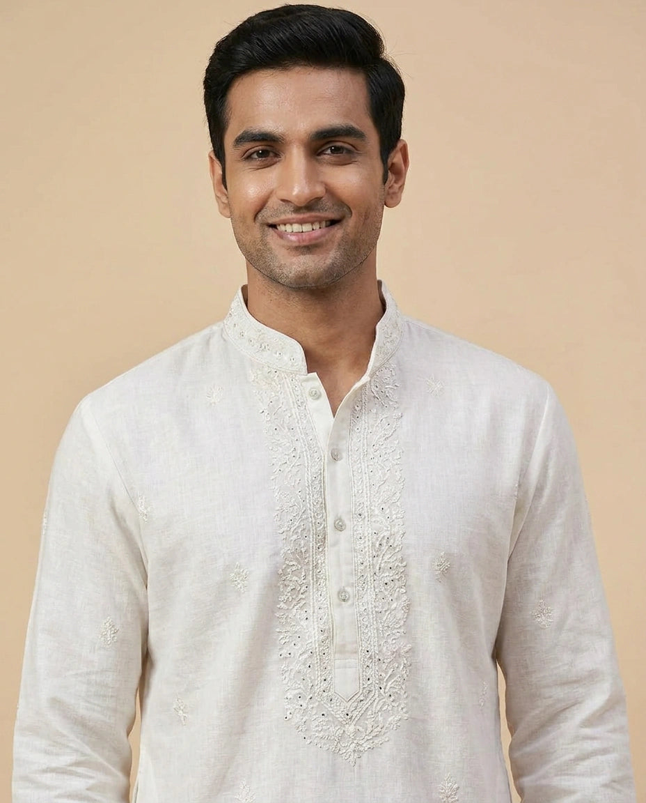 White Cotton Linen Kurta Pajama Set - Rangoli India
