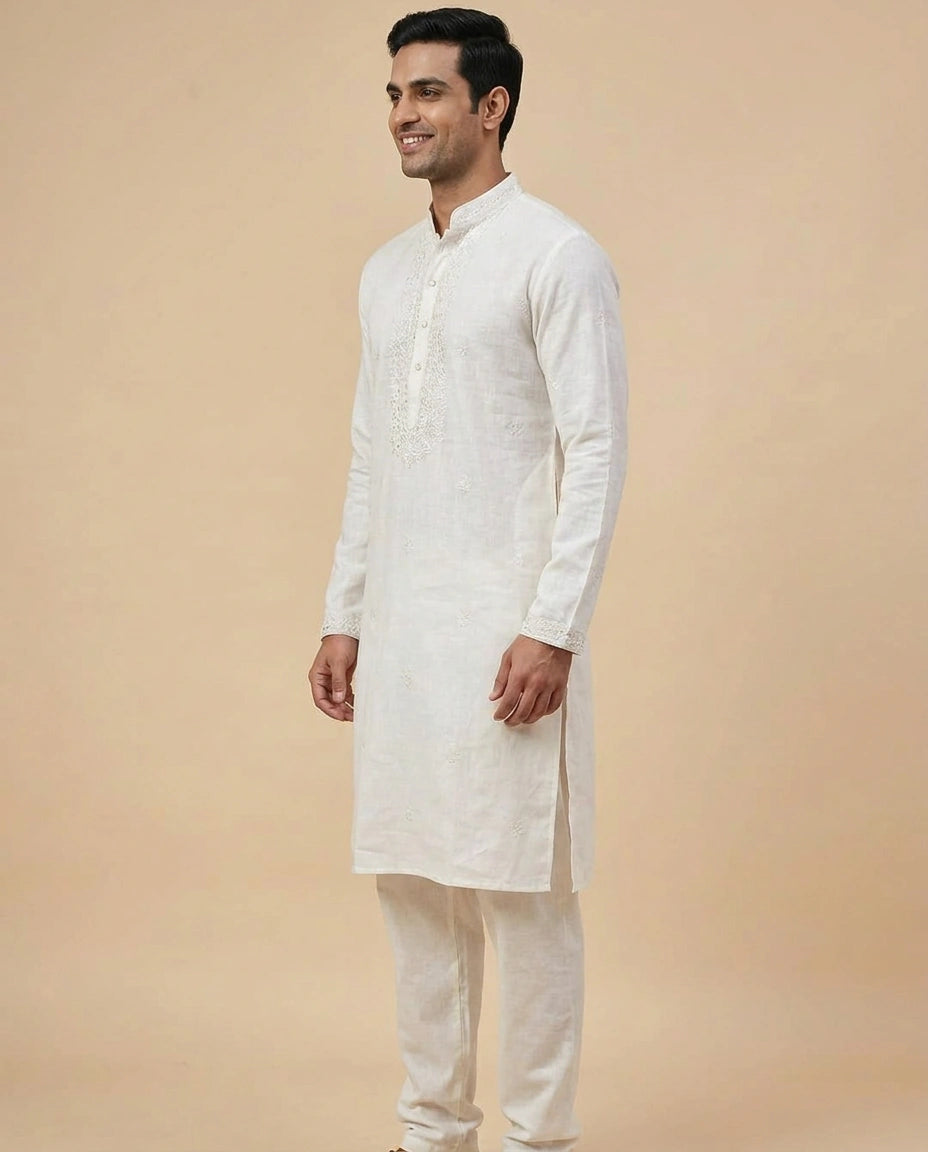 White Cotton Linen Kurta Pajama Set — photo 3 of 4