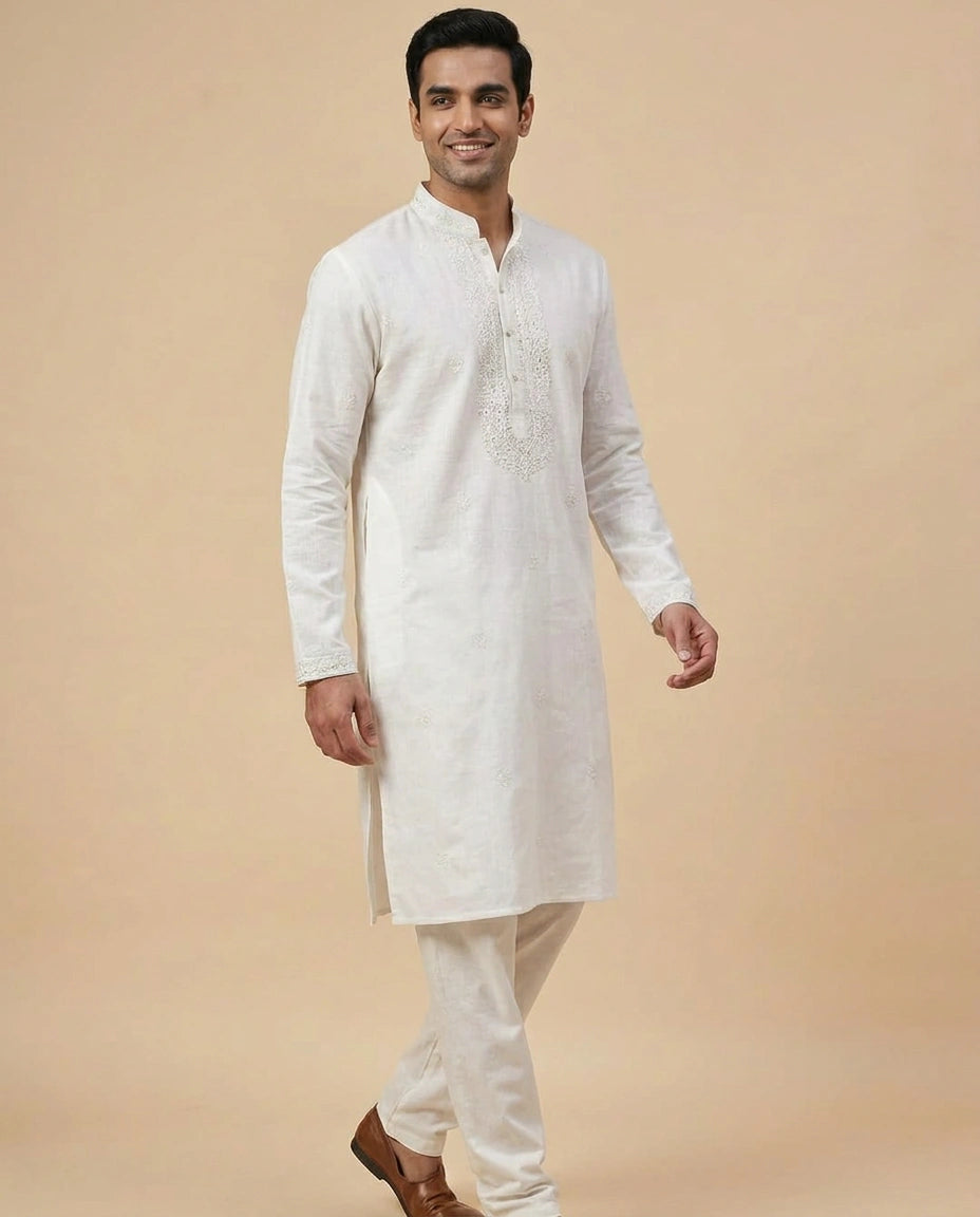 White Cotton Linen Kurta Pajama Set — photo 4 of 4