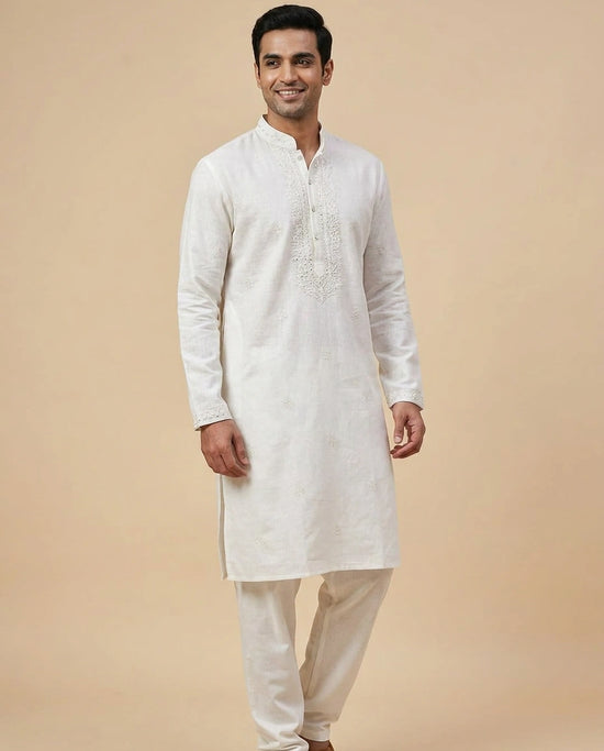 White Cotton Linen Kurta Pajama Set — photo 2 of 4