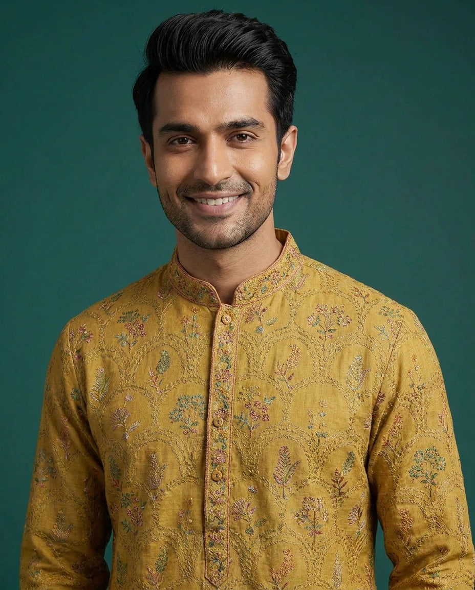 Mustard cotton linen kurta, close-up of the upper body and buttoned placket
