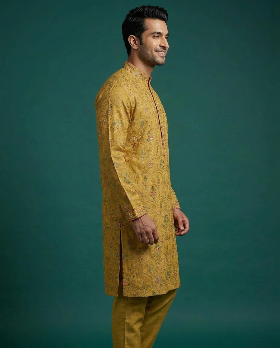 Mustard cotton linen kurta pajama set in full length, turned three-quarters