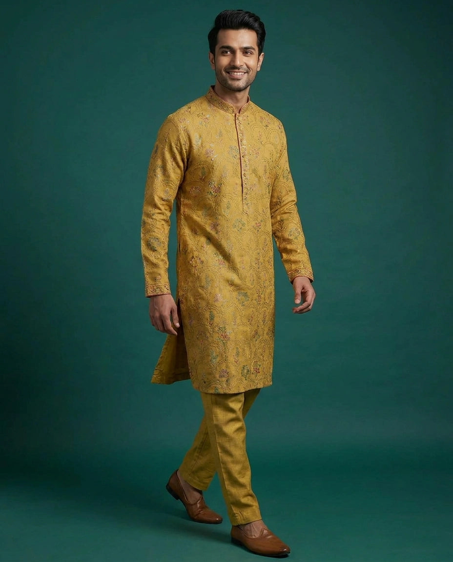 Model walking in the mustard kurta pajama set, full sleeves and straight pajama