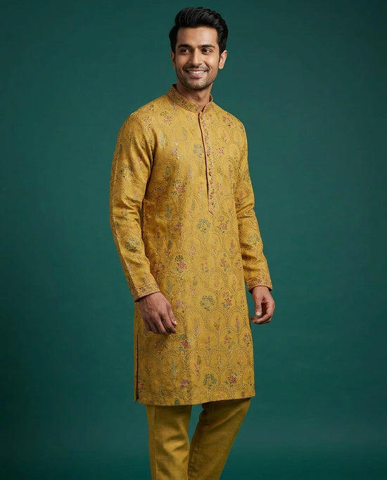 Men's mustard cotton linen kurta pajama set by Ranjh, full-length front view on a teal backdrop