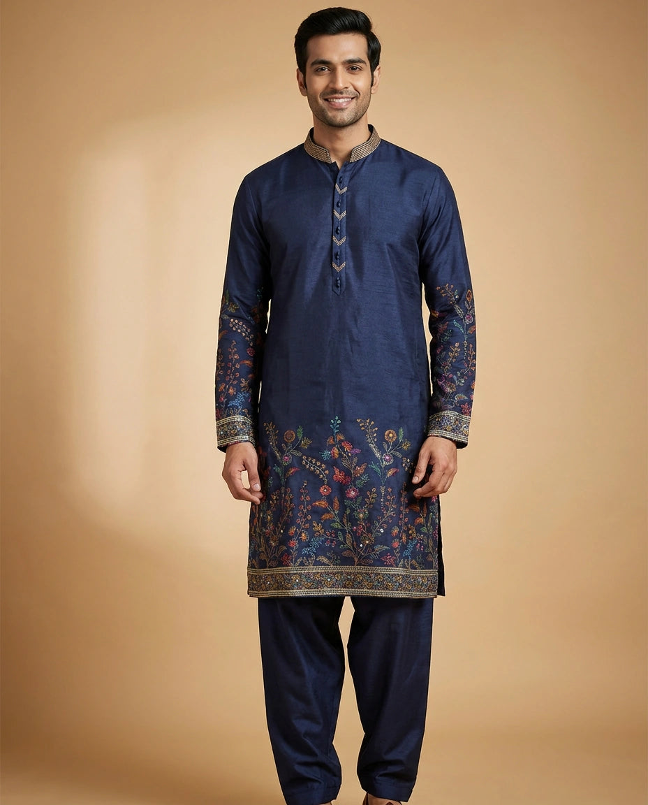 Men's Resham Work Tussar Silk Kurta Pajama Set — photo 2 of 4