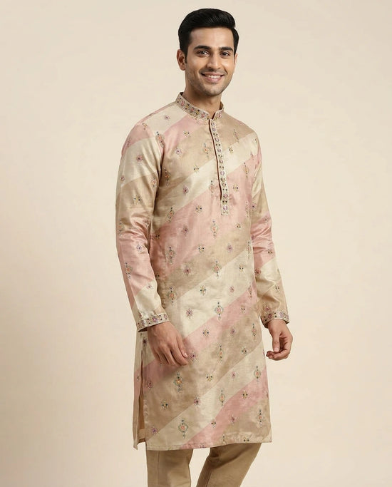 Beige Kurta Pajama Set in Tissue - Rangoli India
