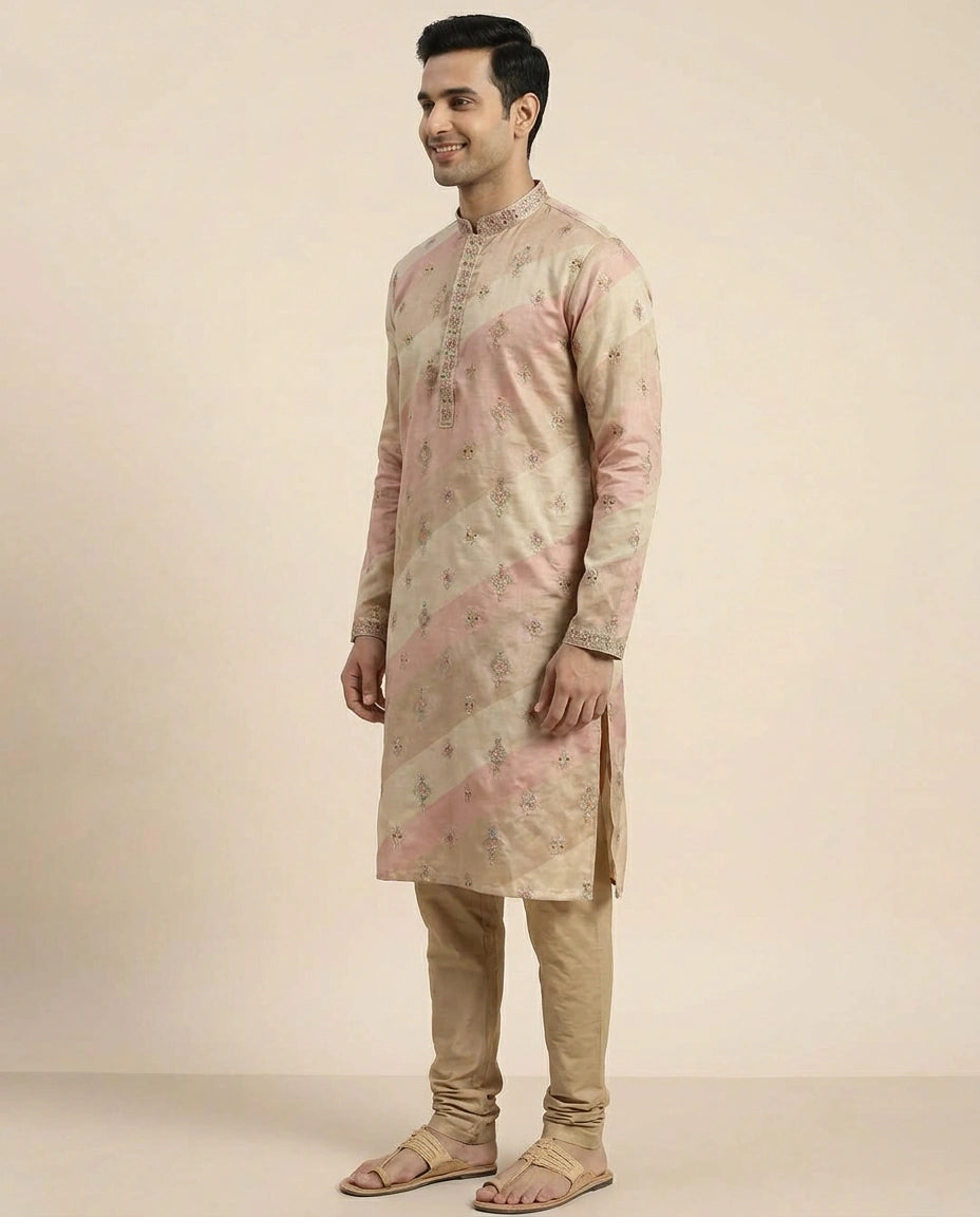 Beige Kurta Pajama Set in Tissue - Rangoli India