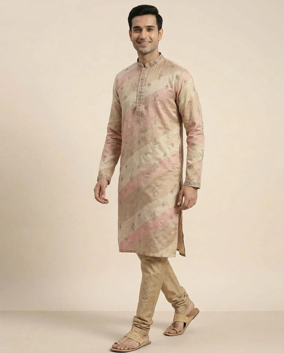 Beige Kurta Pajama Set in Tissue - Rangoli India