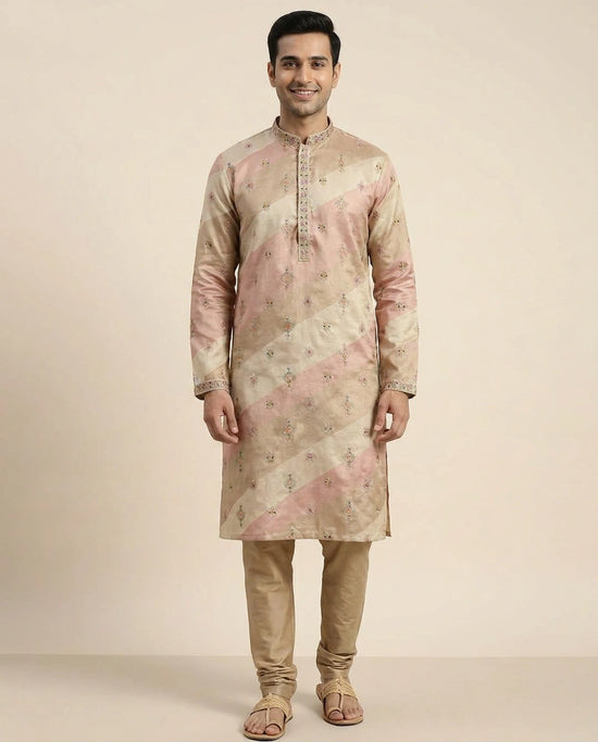 Beige Kurta Pajama Set in Tissue - Rangoli India