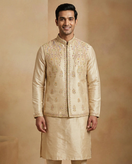 Beige Tussar Silk Kurta Bandi Set - Rangoli India