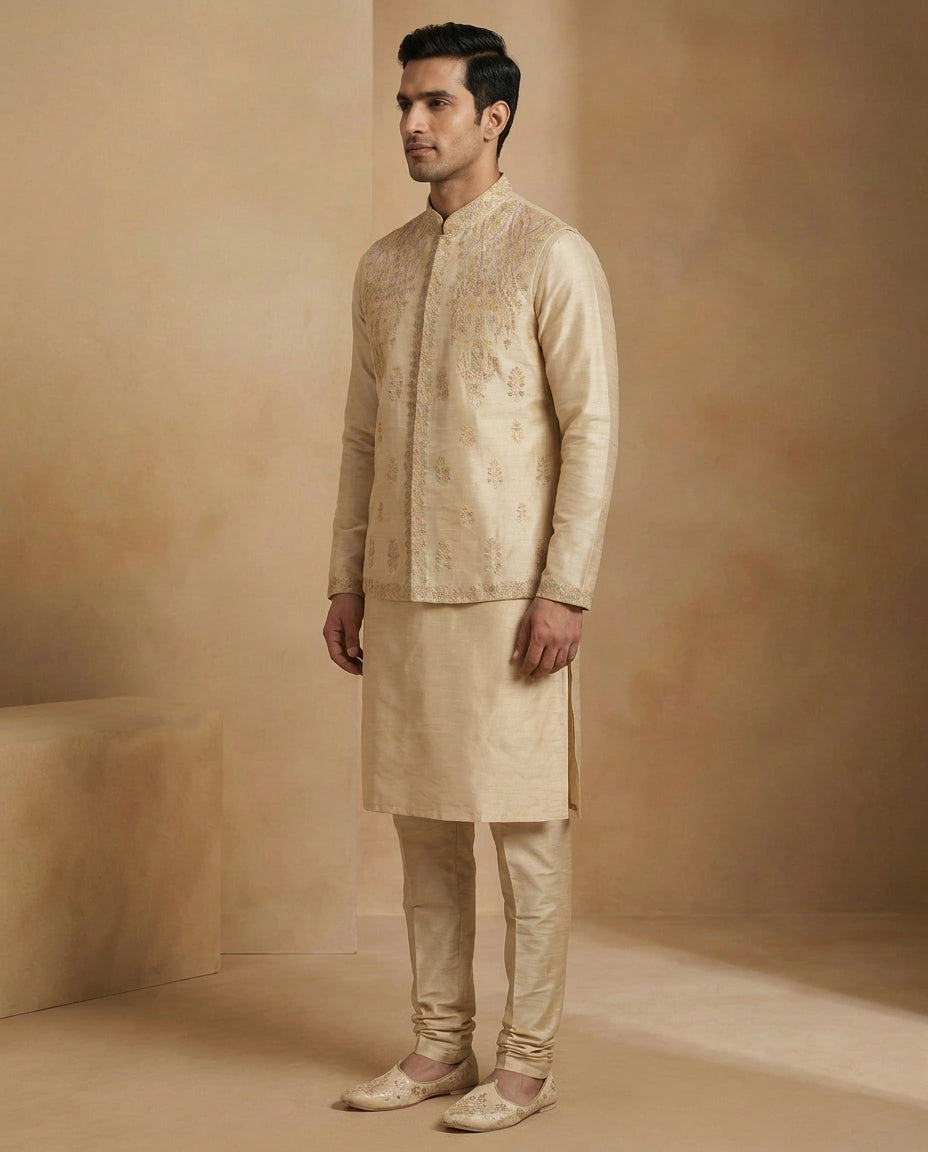Beige Tussar Silk Kurta Bandi Set - Rangoli India