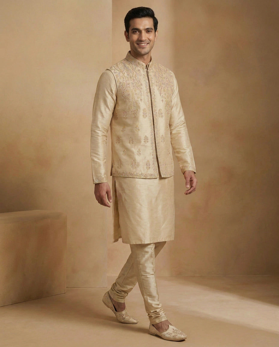 Beige Tussar Silk Kurta Bandi Set - Rangoli India
