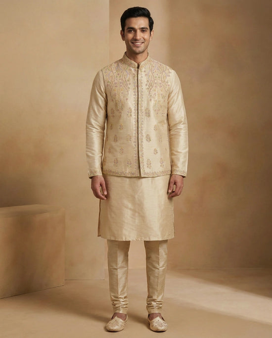 Beige Tussar Silk Kurta Bandi Set - Rangoli India