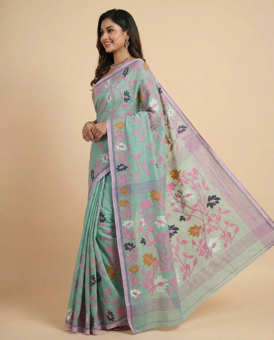 Bengal Saree with Floral Motifs - Rangoli India