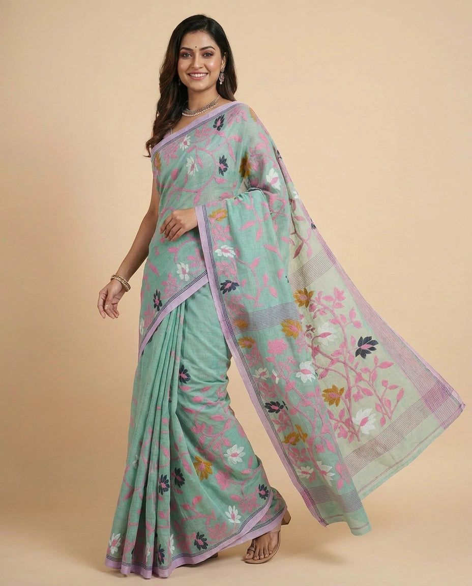 Bengal Saree with Floral Motifs - Rangoli India
