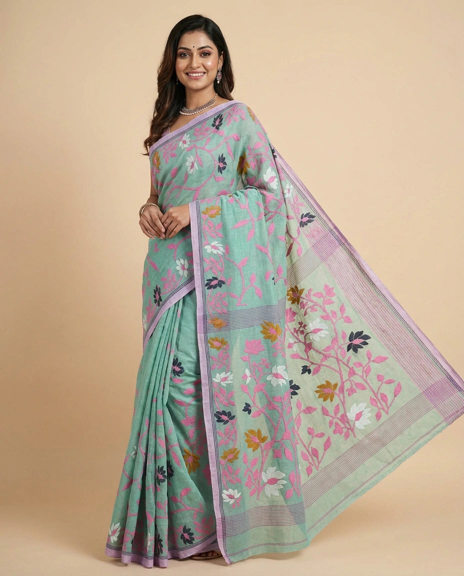 Bengal Saree with Floral Motifs - Rangoli India