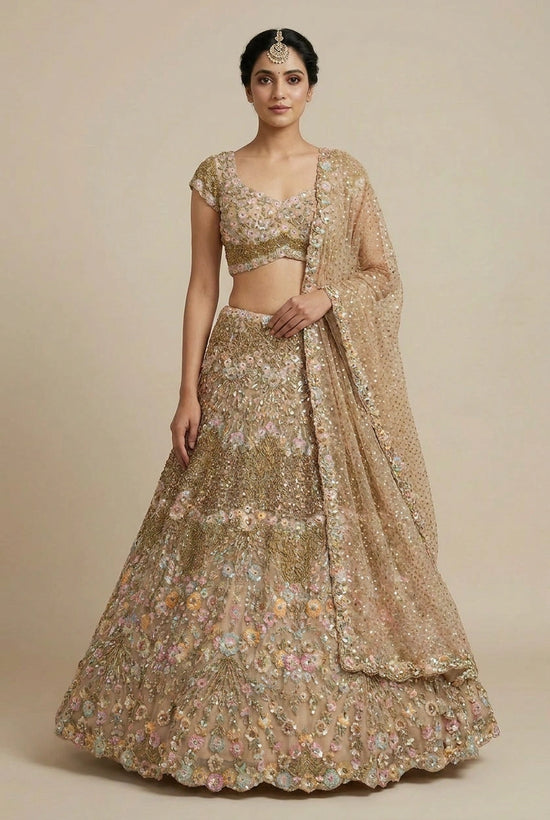 Chiku Net Lehenga Set with Mukaish Work for Family Wedding