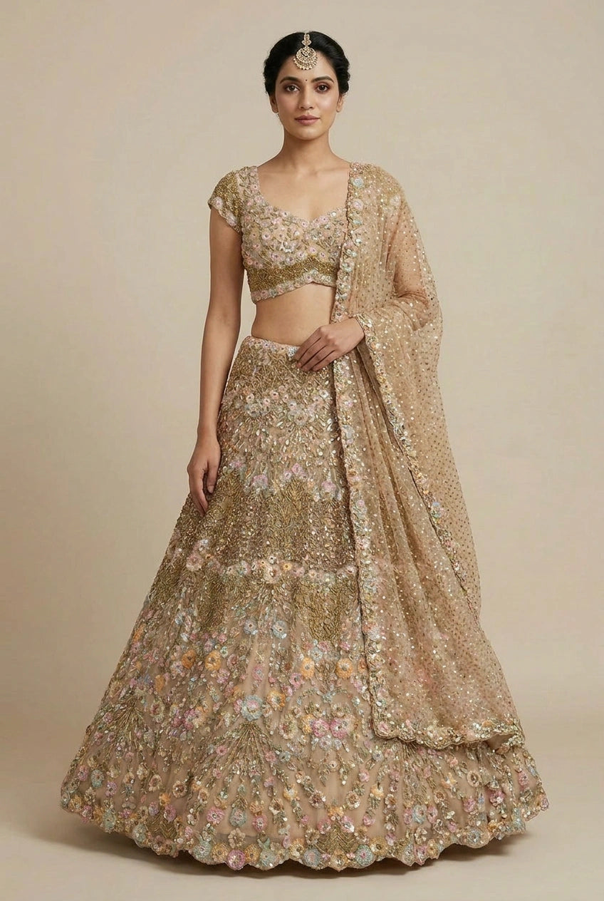 Chiku Net Lehenga Set with Mukaish Work for Family Wedding