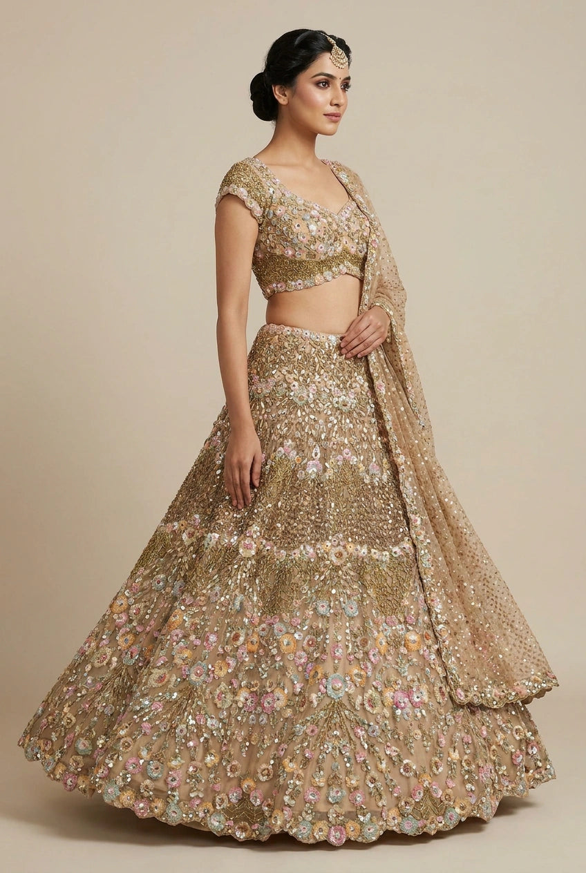 Chiku Net Lehenga Set with Mukaish Work for Family Wedding