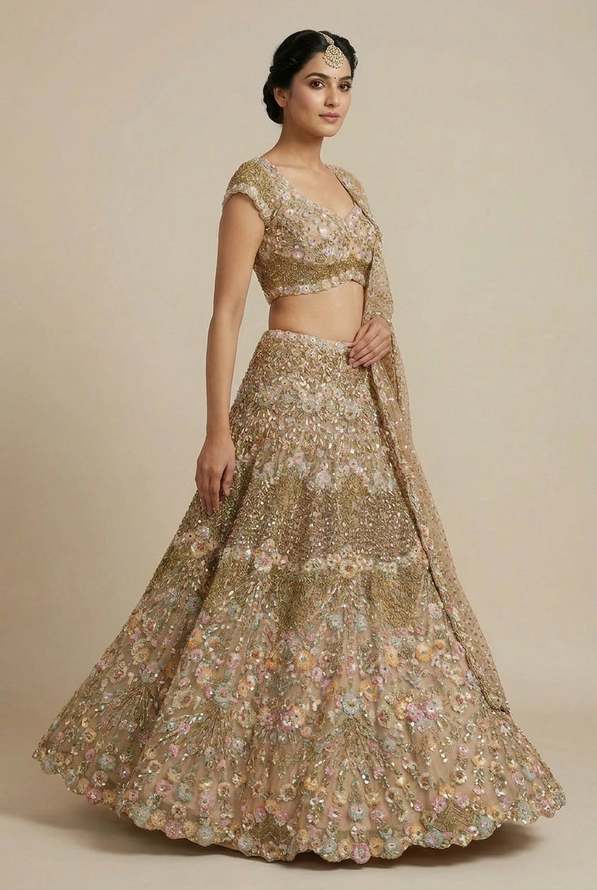 Chiku Net Lehenga Set with Mukaish Work for Family Wedding
