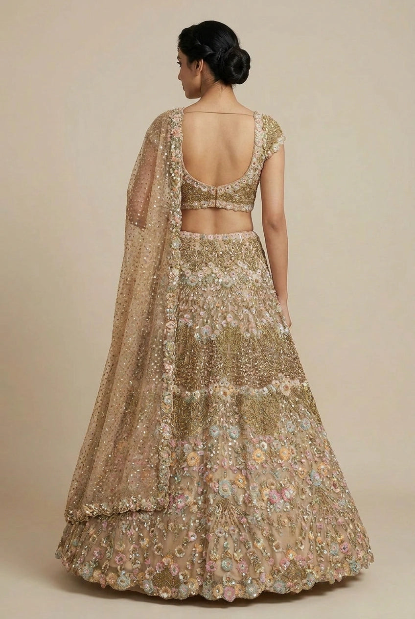 Chiku Net Lehenga Set with Mukaish Work for Family Wedding