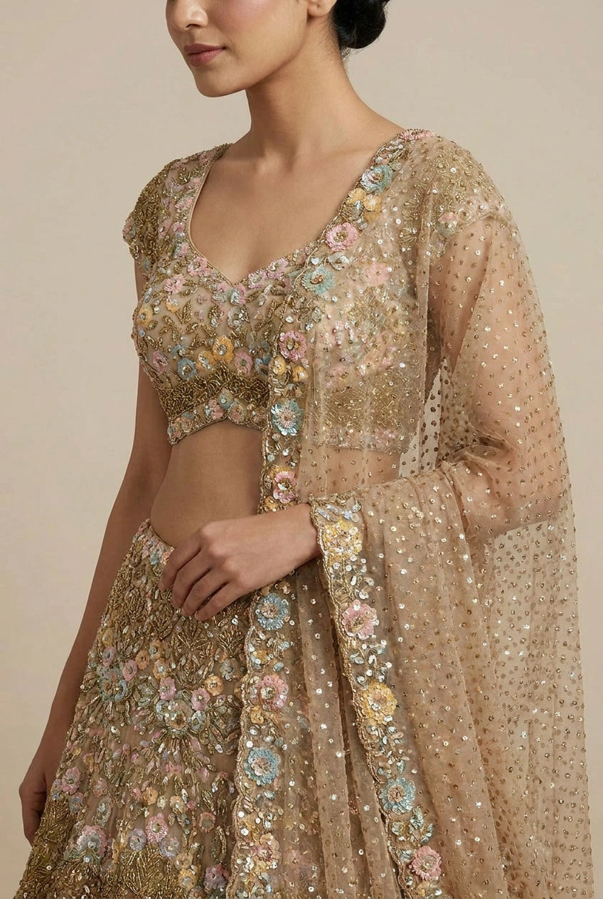 Chiku Net Lehenga Set with Mukaish Work for Family Wedding