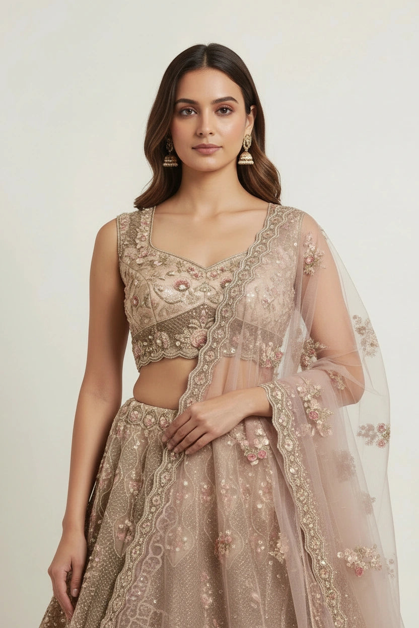 Grand Couture Embroidered Net Lehenga Choli Set - View 2 | Rangoli