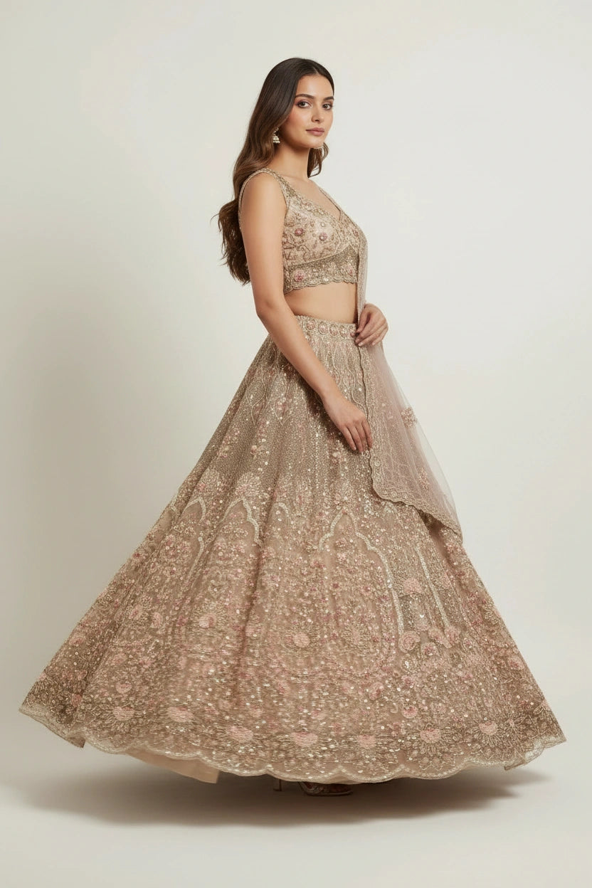 Grand Couture Embroidered Net Lehenga Choli Set - View 3 | Rangoli