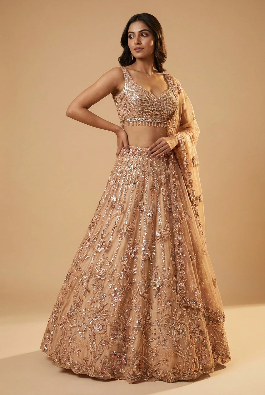Peach Net Lehenga Set with Thread Embroidery for Sangeet Night