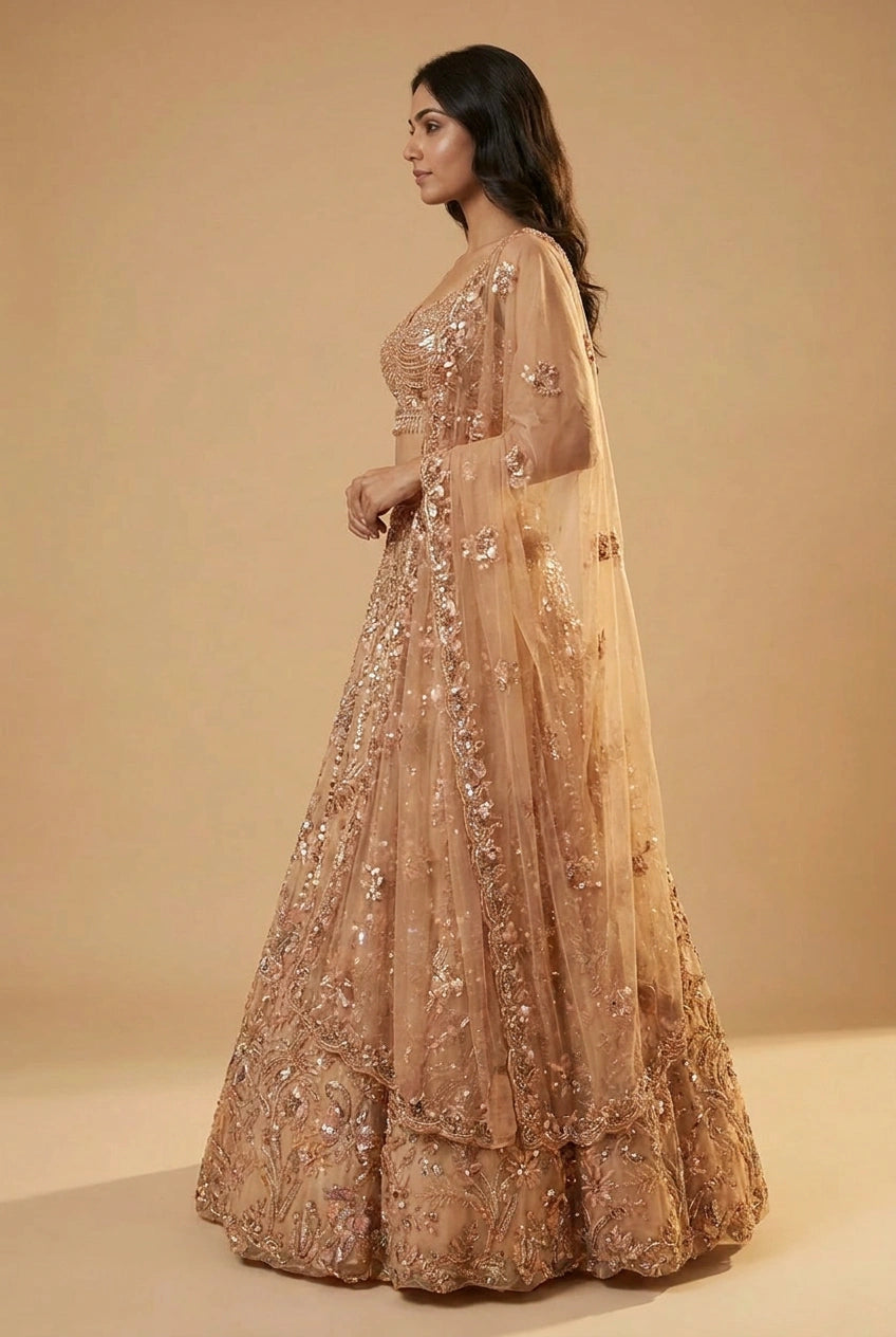 Peach Net Lehenga Set with Thread Embroidery for Sangeet Night