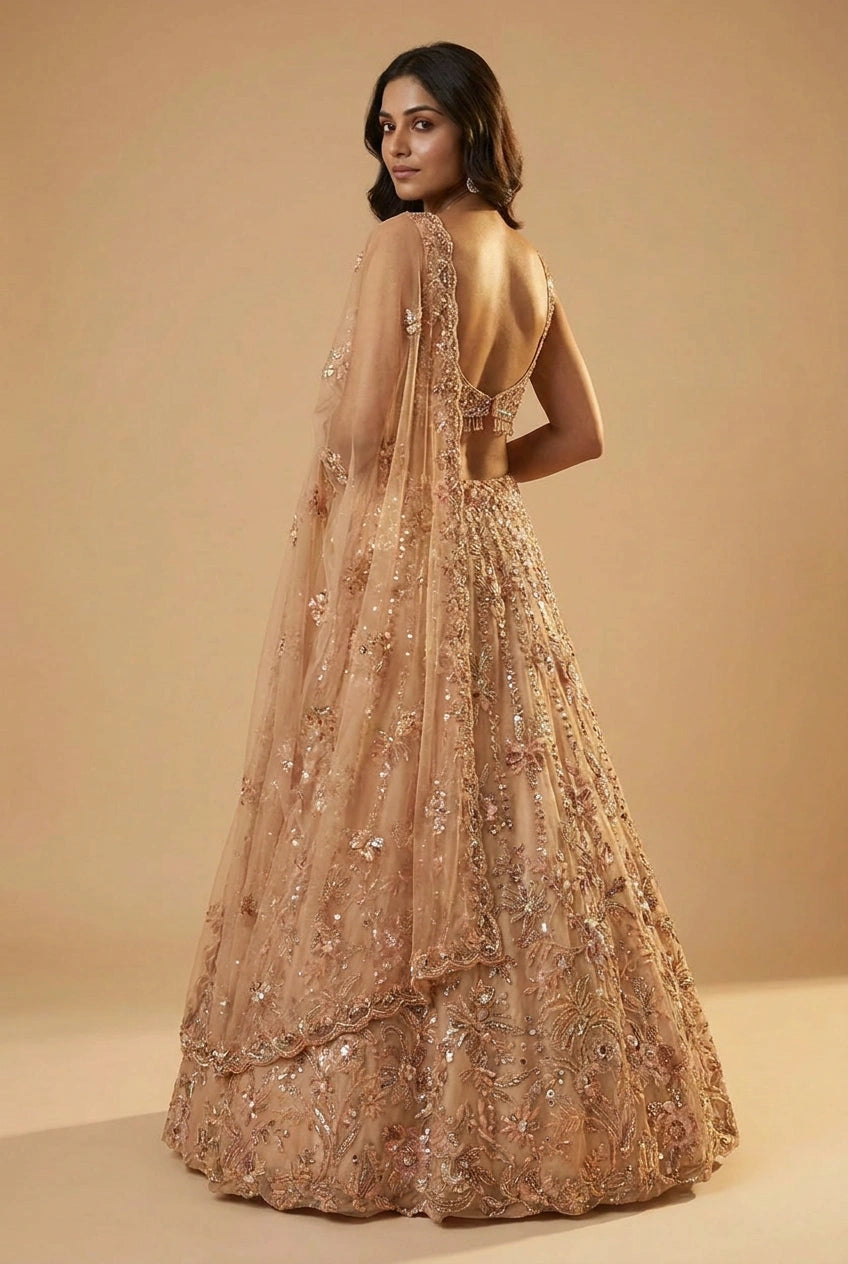 Peach Net Lehenga Set with Thread Embroidery for Sangeet Night
