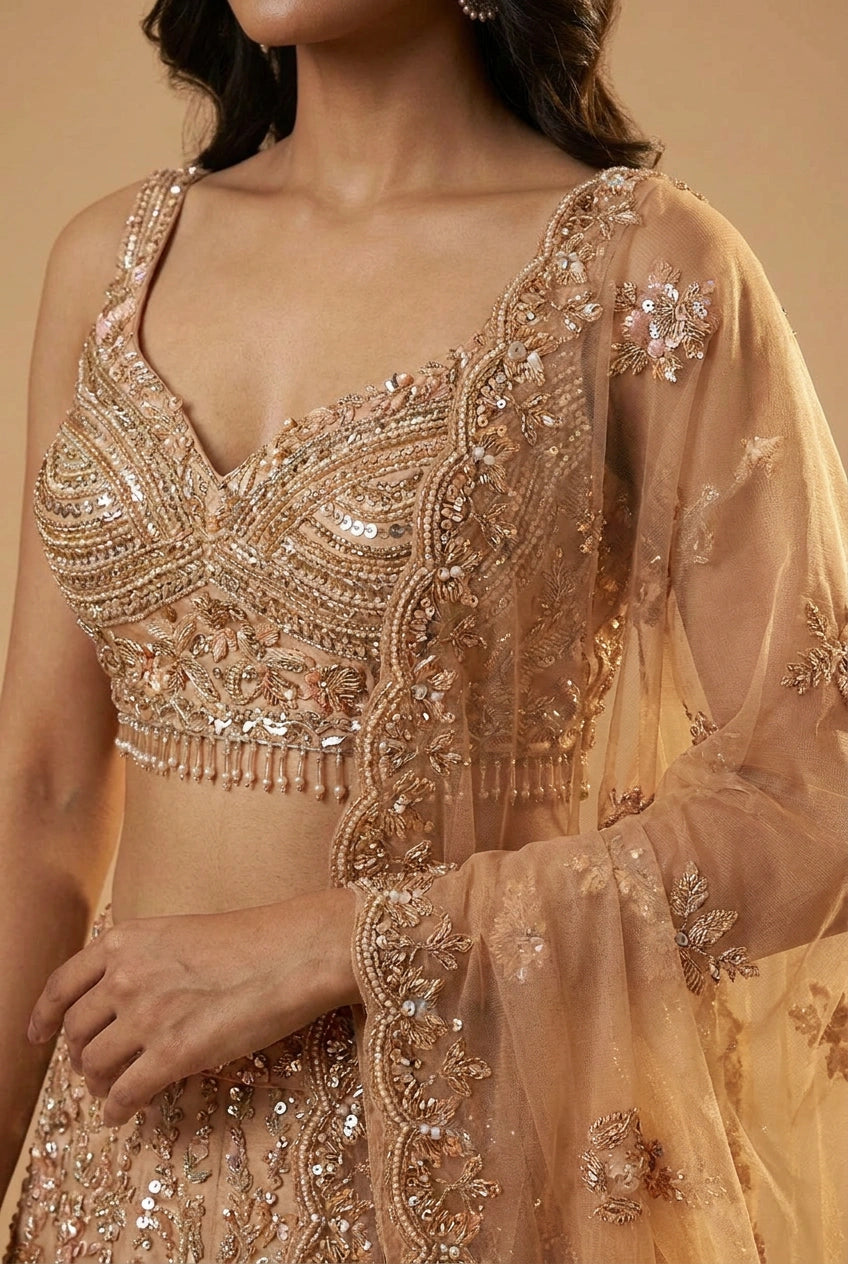 Peach Net Lehenga Set with Thread Embroidery for Sangeet Night