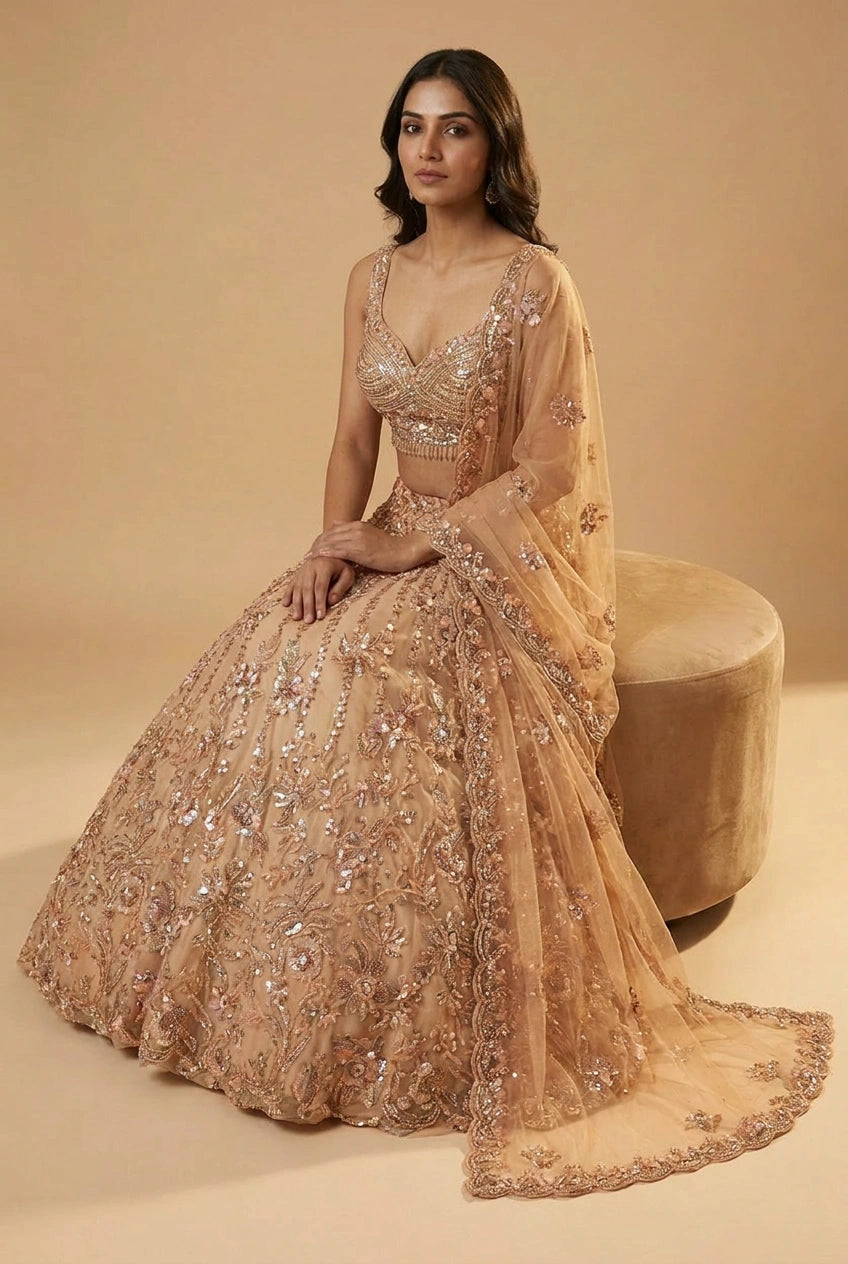 Peach Net Lehenga Set with Thread Embroidery for Sangeet Night