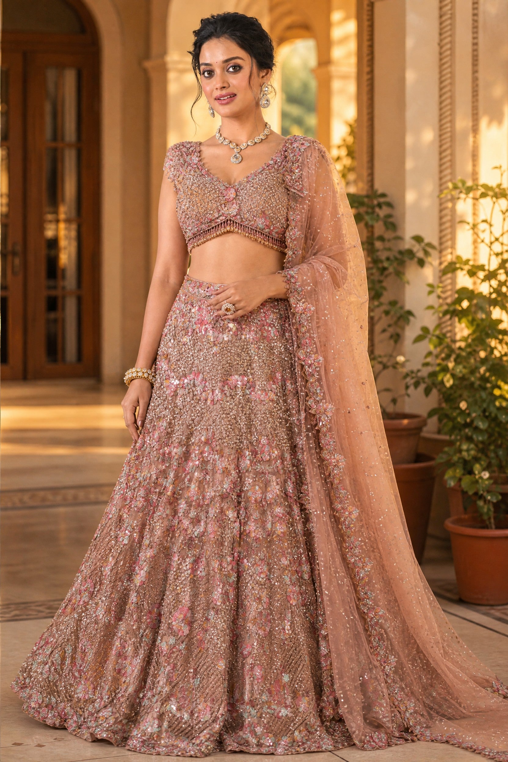 Pink Net Lehenga Set with Dori Embroidery for Mehendi Brunch