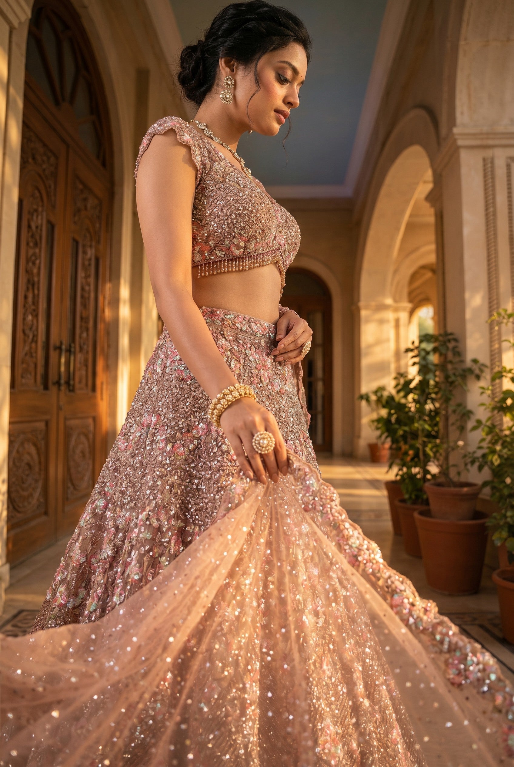 Pink Net Lehenga Set with Dori Embroidery for Mehendi Brunch