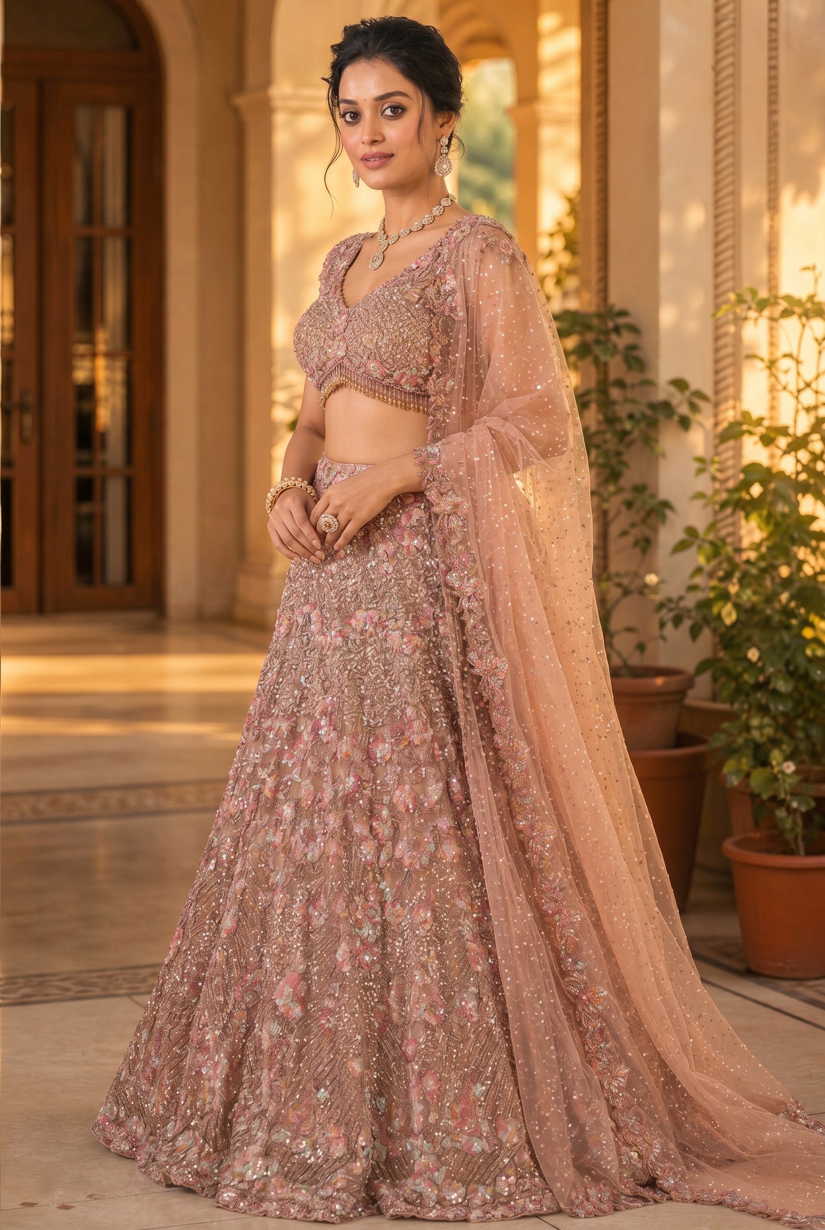 Pink Net Lehenga Set with Dori Embroidery for Mehendi Brunch