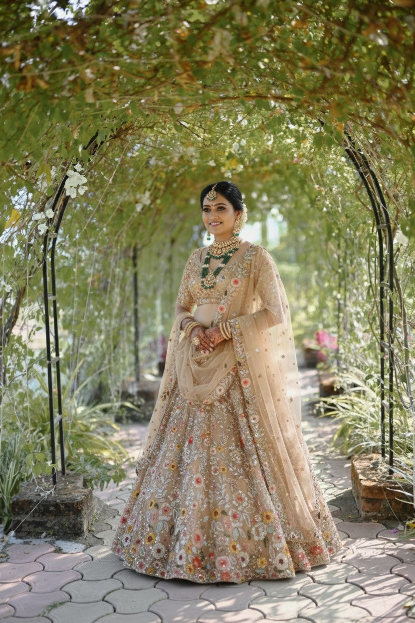 Peach Net Lehenga Set with Applique Work for Wedding Reception
