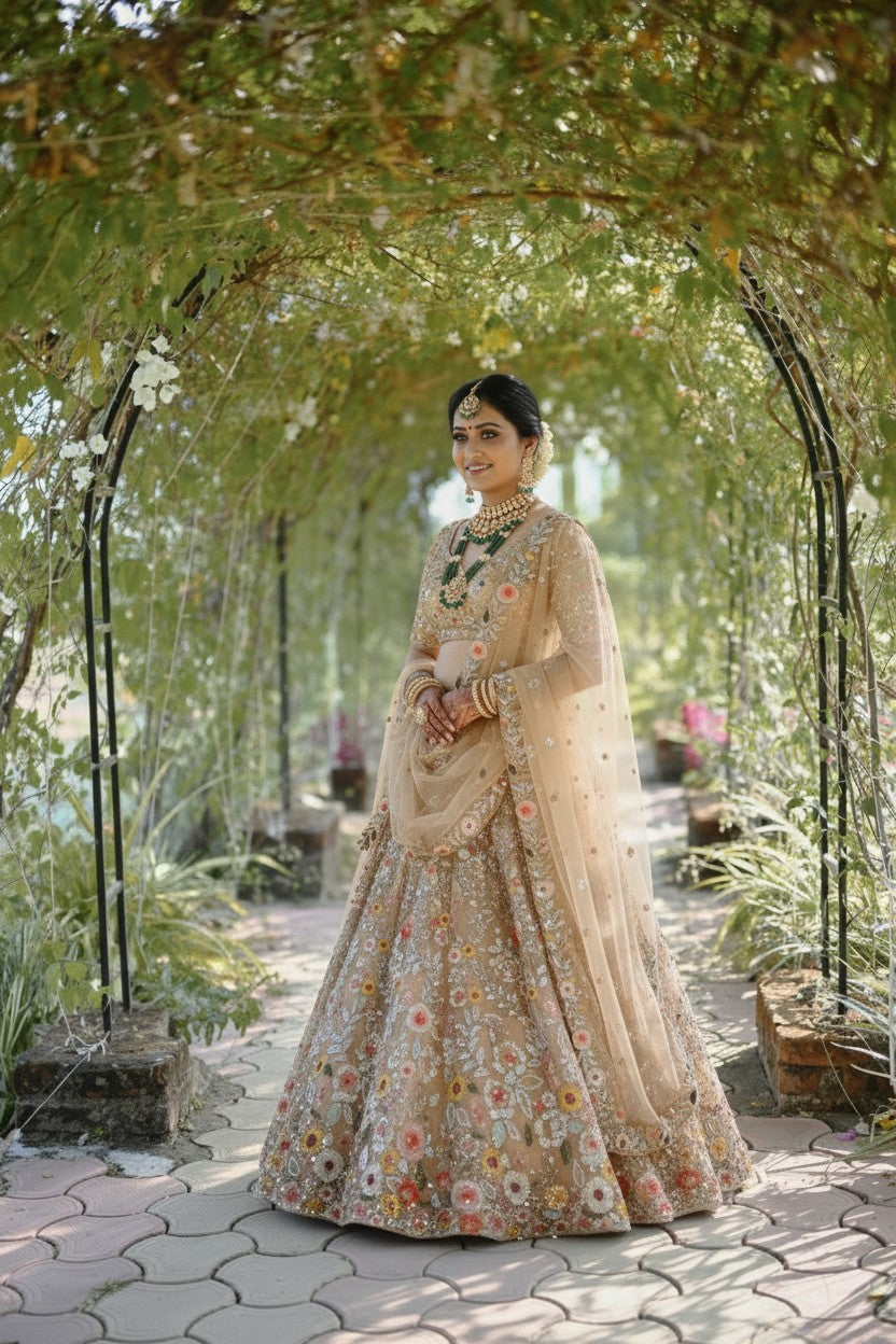 Peach Net Lehenga Set with Applique Work for Wedding Reception