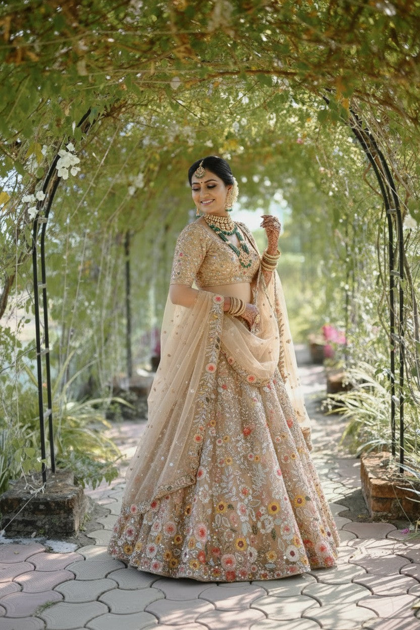 Peach Net Lehenga Set with Applique Work for Wedding Reception