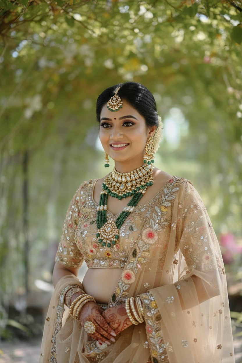 Peach Net Lehenga Set with Applique Work for Wedding Reception
