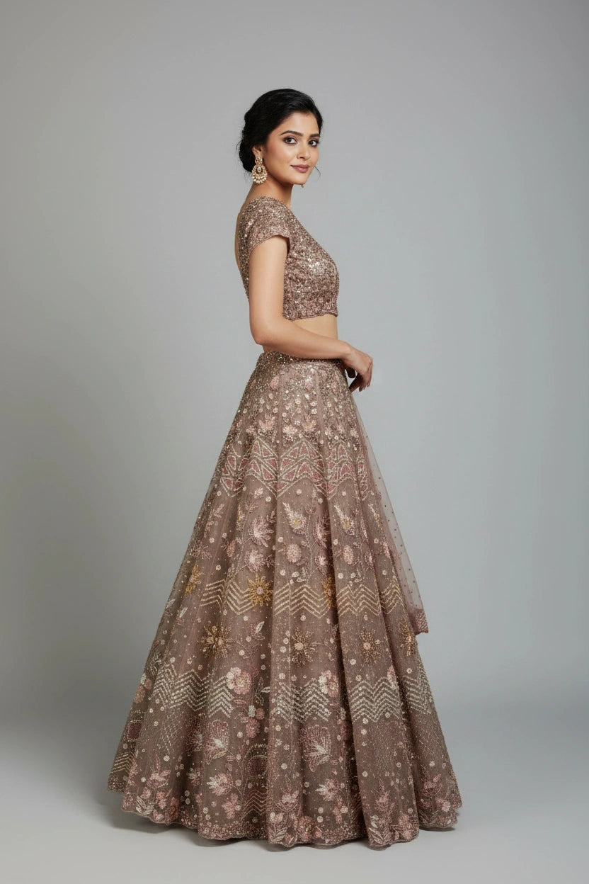Luxe Embroidered Net Lehenga Choli Set - View 3 | Rangoli